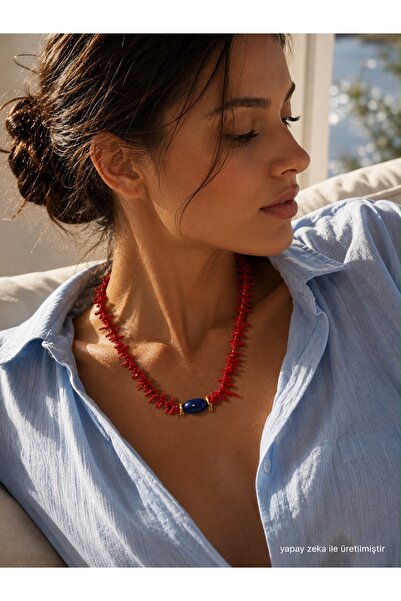 Solare Accessories Coralia Doğal Mercan & Akik Taşlı Kolye – Altın Kaplama De...