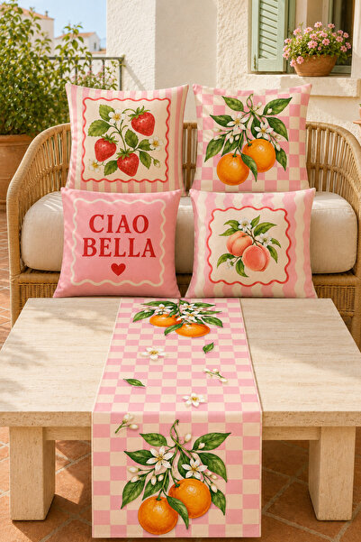 stellahomes 5 Piece Pink Retro Fruit Patterned Runner and Pillowcase Set – 4 ...