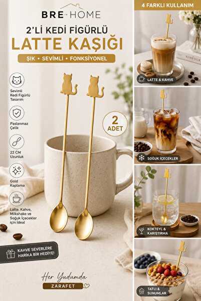 BRE HOME 2'li Latte Kaşığı 22 cm Uzun Saplı Kahve Karıştırma Kaşığı Paslanmaz...