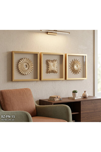 Hinora 3’lü 3D Dekoratif Duvar Tablosu 45x45 cm Ahşap Çerçeveli Camlı Metal D...