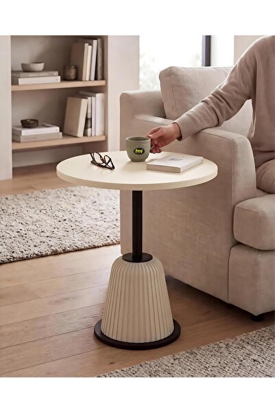 hey modüler mobilya Hey Tekli Luna Krem Siyah Bohem Yan Sehpa Mantar Modern Dekoratif 50 cm