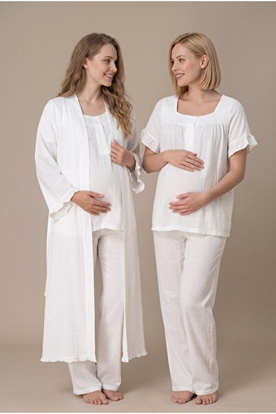 LOHOUSE Women's Ecru Muslin Fabric Short Sleeve Maternity Pajama Set with a D...