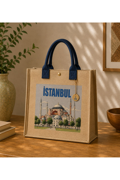 Genel Markalar Ayasofya Baskılı Körüklü Jüt Omuz Çantası Lacivert Saplı İstan...