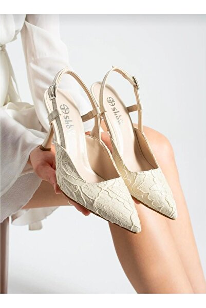 Mira style Women's Pointed Toe Lace Detailed Thin Heels