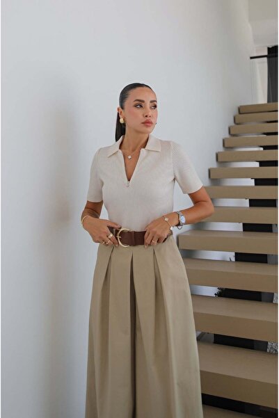 Havoş Cream Zippered Polo Neck Knitwear Blouse