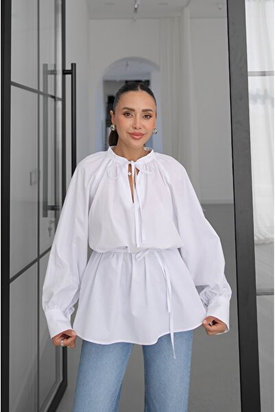 Havoş White High Collar Poplin Blouse