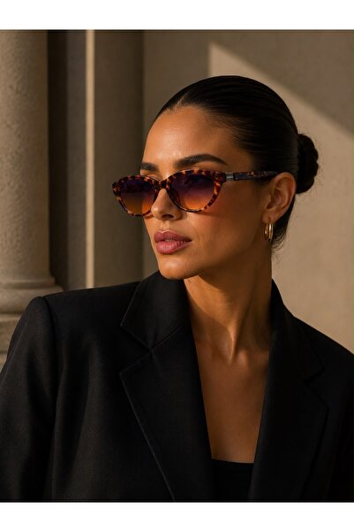 Mise Aksesuar Leopard Frame Coffee Color Glass Cat Premium Sunglasses
