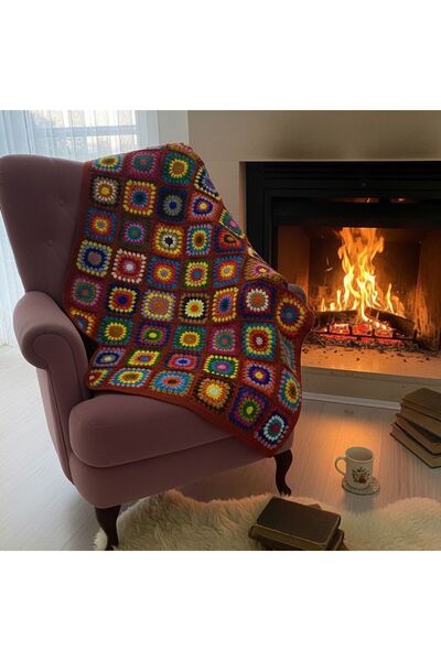 B BUL AKSESUAR Colorful Crochet Hand Knitted Motif Sofa Cover Tv Blanket Knee...