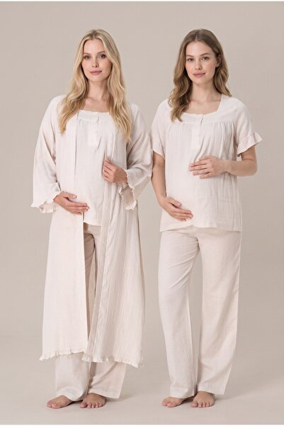 LOHOUSE Women's Cream Muslin Fabric Short Sleeve Maternity Pajama Set with Dr...