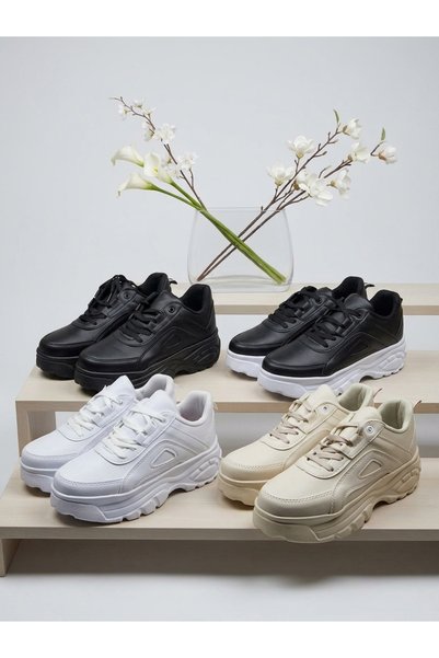 AlessaModa Shop Women's Faux Leather Chunky High Platform Sole Casual Lace-Up Sneaker Sports Shoes (Star)