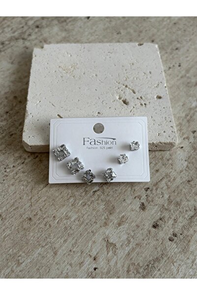 nunu takı Stone-Encrusted Square Silver Six-Piece Earrings