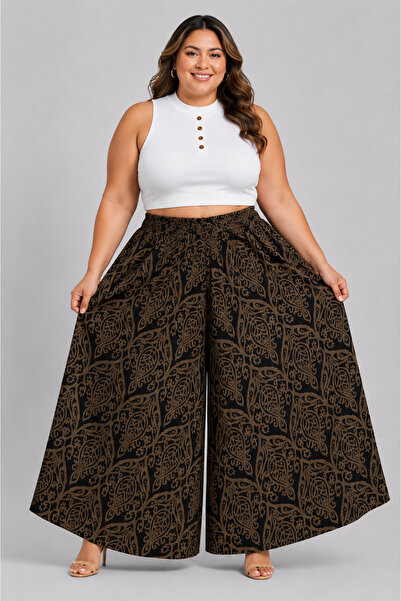 SOSYETE AVM Women's Elastic Waist Plus Size Patterned Skirt Trousers