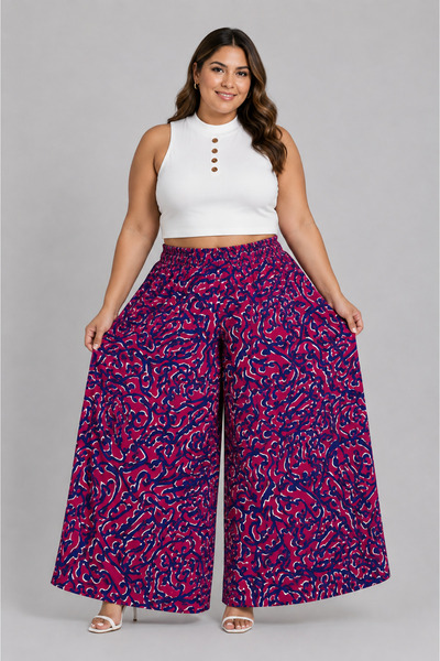 SOSYETE AVM Women's Elastic Waist Plus Size Patterned Skirt Trousers