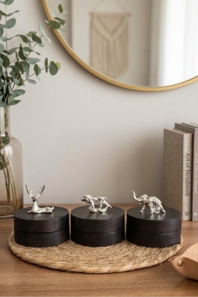 GİSVOL Set of 3 Wooden Forest Animals Metal Decorative Ash Tray Tabletop Ashtray Dark Silver Forest
