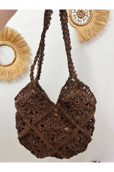 Verda Desing Design Hand-Knitted Motif Brown Color Bag - Natural Paper String...