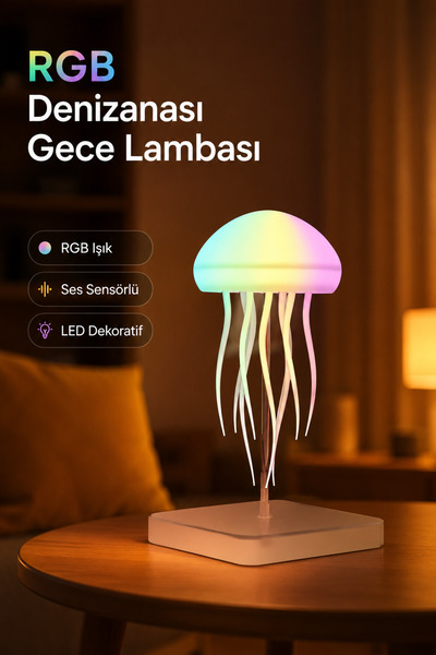 Yenilig RGB Denizanası Gece Lambası Ses Sensörlü LED Dekoratif Masa Lambası Renk Değiştiren Ambiyans Aydınlatma