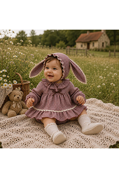 ministok Roba Gingham Baby Girl Set Consisting of Bonnet, Panties, and Dress