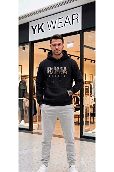 YK WEAR طقم بدلة رياضية بقلنسوة مطبوعة بطبعة روما إيطاليا للجنسين.