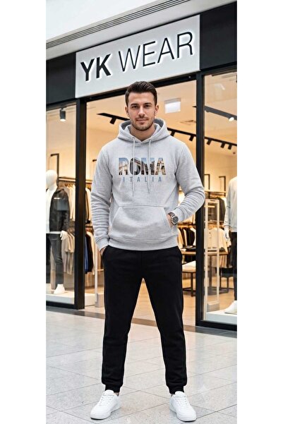 YK WEAR طقم بدلة رياضية بقلنسوة مطبوعة بطبعة روما إيطاليا للجنسين.