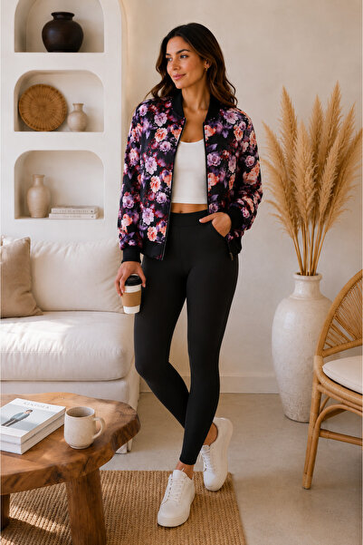 west club Women's Floral Patterned Bomber Coat Zippered Ribbed Seasonal Jacket