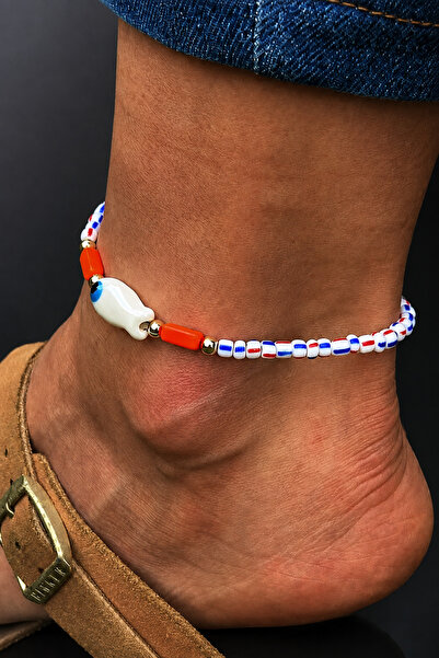 ByMerve Women's Colorful Beaded Glass Fish Figured Anklet with Evil Eye Detail