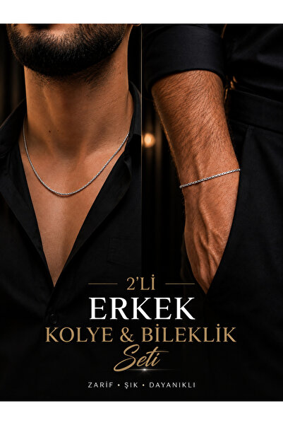 Stainlesss stellss 2’li Erkek Kolye & Bileklik Seti – Gümüş Renk Çelik Zincir...