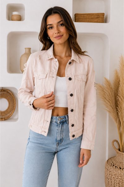 Generic Brand Women's Jean Jacket with Vintage Ripped Detail, Buttoned Pockets, Oversized Denim Jacket