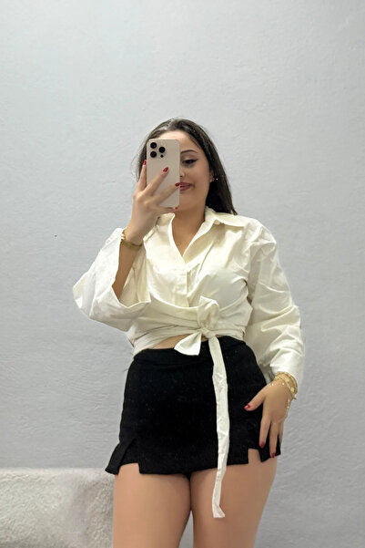 BELENDİR Women's Side-Tie Poplin Shirt Cream