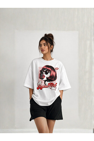 Genel Markalar Beyaz Grafik Baskılı Oversize T-shirt