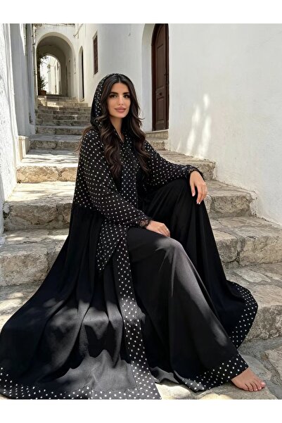 Classy She Stylish Polka Dot Lace Trim Abaya Set (With Matching Headscarf)