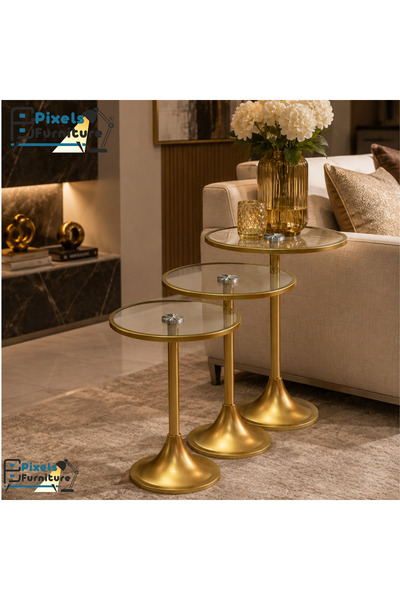 PixelsFurniture طقم طاولات تقديم من بكسل الأثاث، مكون من 3 قطع بسطح زجاجي مقا...