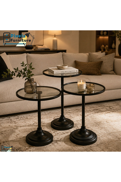 PixelsFurniture طقم طاولات تقديم من بكسل الأثاث، مكون من 3 قطع بسطح زجاجي مقا...