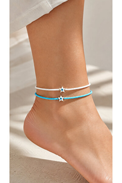 ByMerve Women's Turquoise White Beaded Evil Eye Star Figured Anklet Set of 2