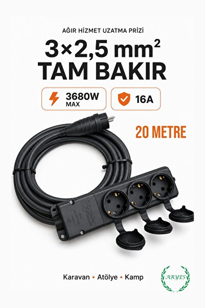 Aryes 3’lü 20 Metre Schneider Kauçuk Gövdeli fişli Uzatma 3x2,5 mm² Tam Bakır...