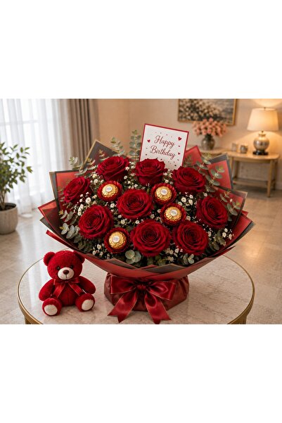 Crescent Flowers 9RedRose4ChocolateBqTaddy