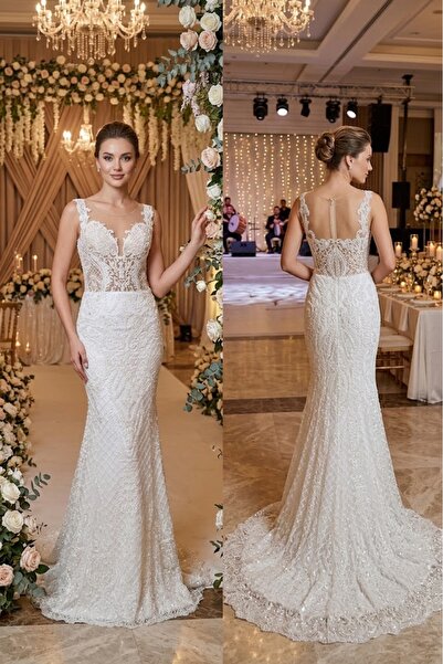 JABO WEDDİNG HOUSE GELİNLİK BALIK MODEL DANTEL VE TAŞ AĞARLIKLI GÖVDE TRANSPA...