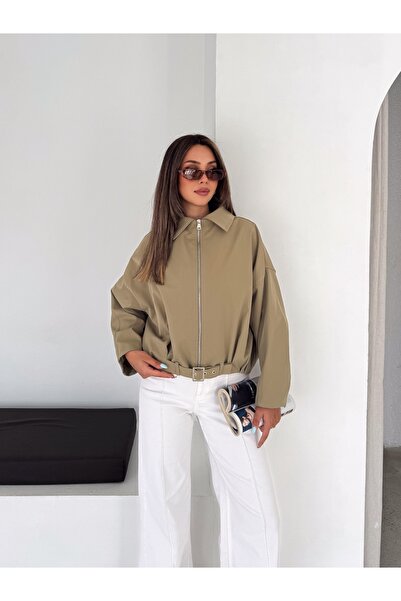Bella Breeze Kadın Oversize Fermuarlı Bel Kemerli Kısa Ceket