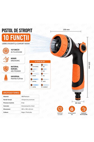 EBA Pulverizator de grădină cu 10 funcții, duză reglabilă multifuncțională, ABS premium, conector rapid pentru furtun.