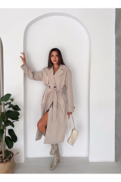 Bella Breeze Kadın Kuşaklı Çift Düğmeli Uzun Trençkot