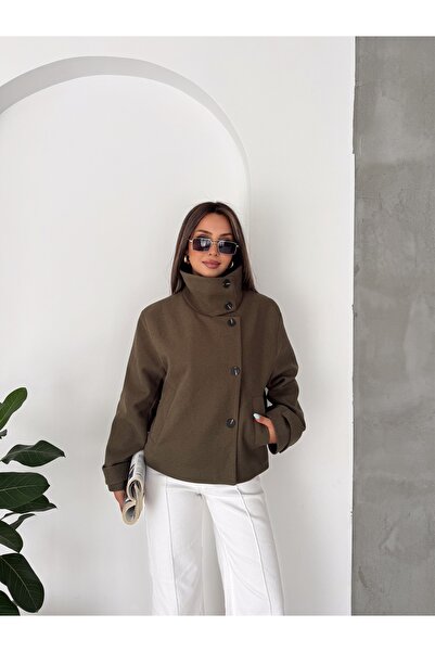 Bella Breeze Kadın Oversize Dik Yaka Düğmeli Kısa Kaban