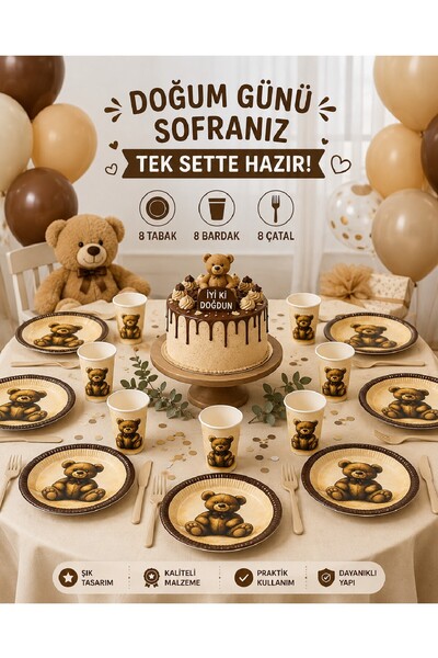 BKMC PARTY Teddy Bear Parti Seti Doğum Günü Süsleme | 8 16 Kişilik Tabak Bard...