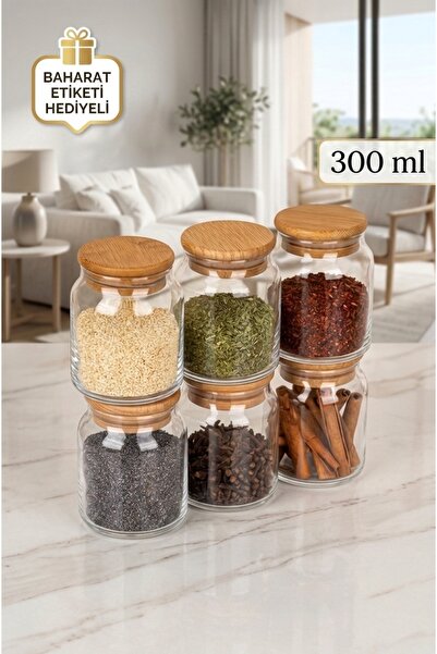 Glass&Grace 6’lı 300 ML Bambu Kapaklı Cam Baharatlık Seti | Baharat Kavanozu,...