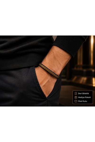 HER ŞEY NOTA www.herseynota.com Bellini Goldline Black Leather Men's Bracelet...