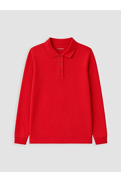 LC Waikiki LCW Kids Kırmızı Polo Yaka Uzun Kollu Kız Çocuk Tişört