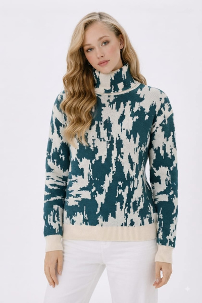 H&E LUXURY DESIGN Women's Turtleneck Patterned Knitwear Sweater Petrol Ecru P...