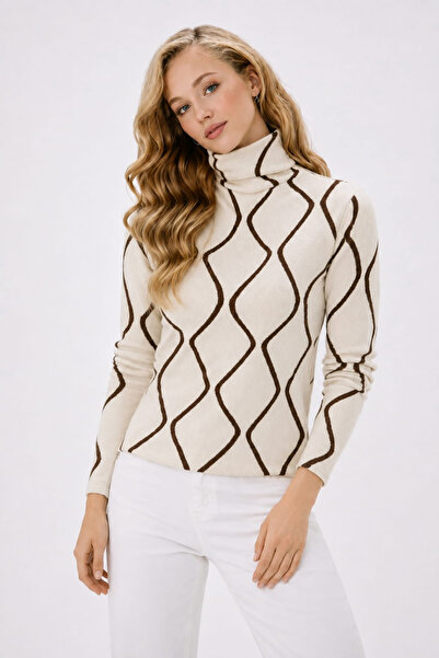 H&E LUXURY DESIGN Women's Turtleneck Patterned Knitwear Sweater Ecru Brown Ge...