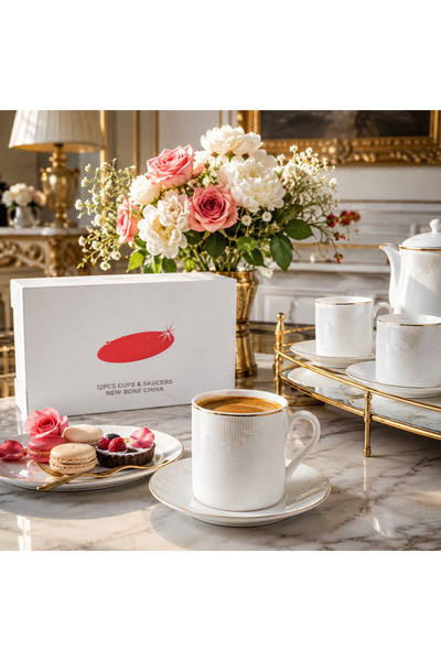 Dania Coffee Cup and Saucer Set, 12 Pieces for 6 People - White with Embossed...
