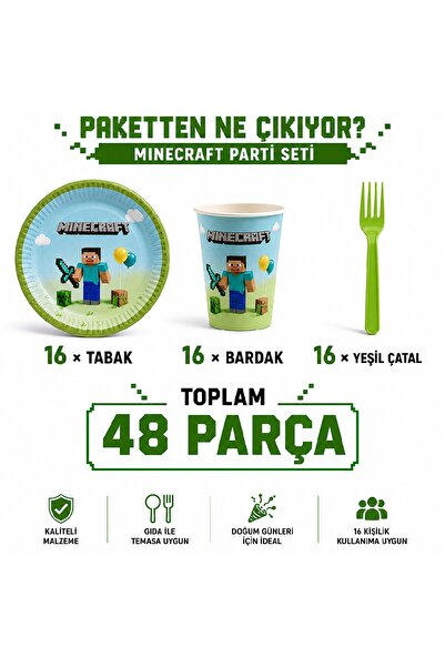 Bkmc Minecraft Temalı Doğum Günü Parti Seti | 8 ve 16 Kişilik | Tabak Bardak ...
