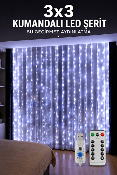 Yenilig 3x3 Metre Kumandalı LED Perde Işık Beyaz USB 8 Modlu Dekoratif Aydınlatma