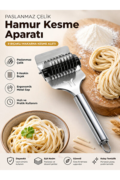 Noury Paslanmaz Çelik 9 Bıçaklı Hamur Kesme Aparatı Metal Saplı Erişte Makarn...